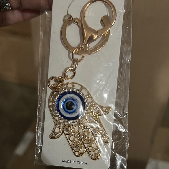 Accessories - Gold Hamsa Hand Keychain with Blue Evil Eye